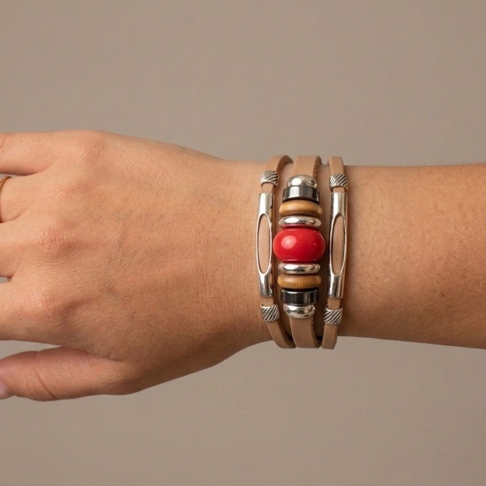 Layered Genuine Leather Bracelet Size‎ 6.5 Tan Boho Beaded Rodeo Cowgirl Western
